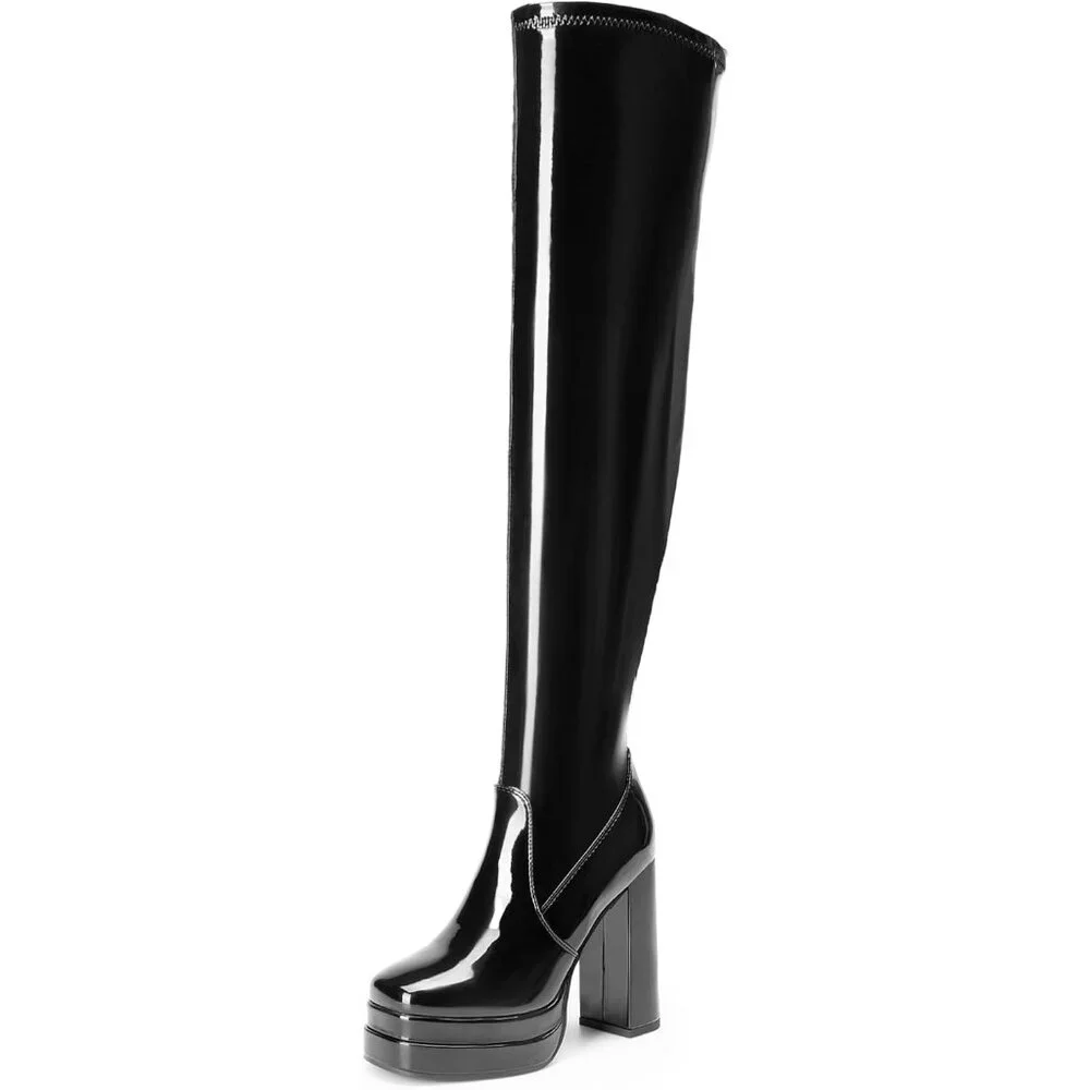 Women's Black-pat Polyurethane (PU) Square Toe Over The Knee Thigh High Boots